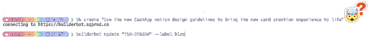 BuilderBot terminal commands — bb create and builderbot update — with reaction stickers