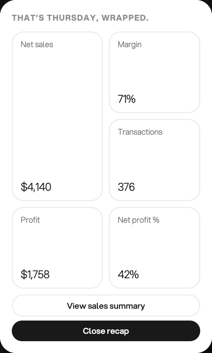 Daily Recap summary of sales, margin, transactions, profit, and net profit