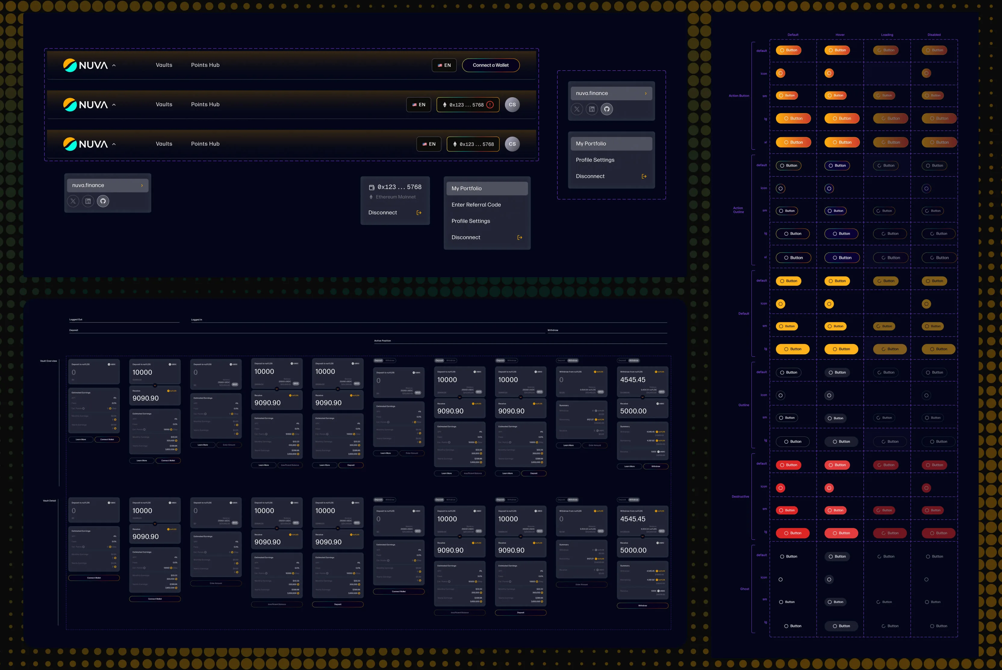 NUVA component samples — buttons, badges, deposit cards, and navigation across states and themes