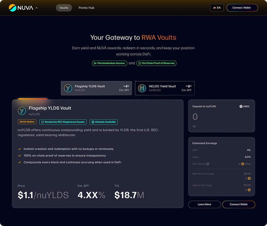 NUVA landing page — “Your Gateway to RWA Vaults” with vault hero, deposit panel, and estimated earnings
