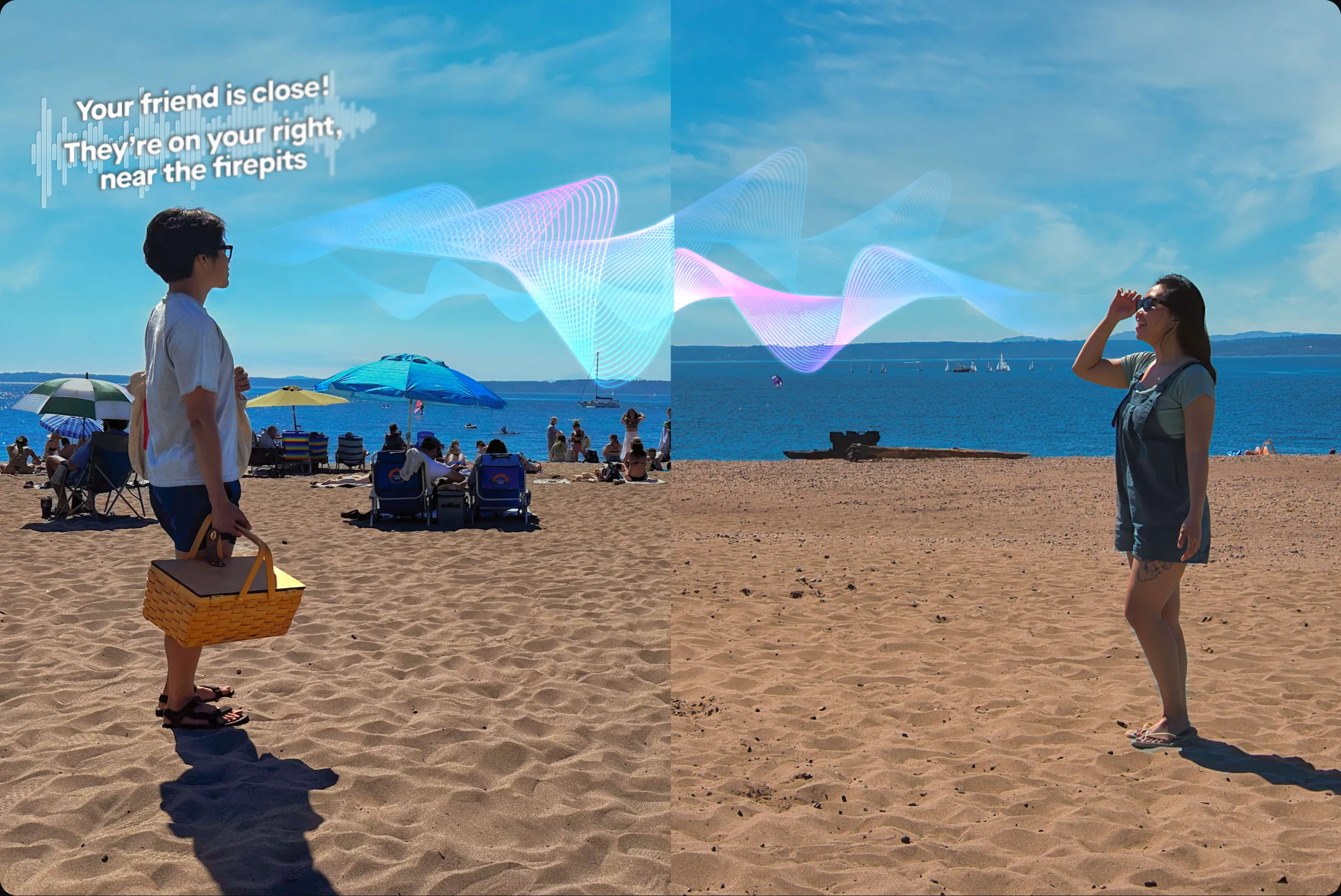 Two friends finding each other on a crowded beach, joined by a spatial-audio wave — “Your friend is close! They’re on your right, near the firepits”